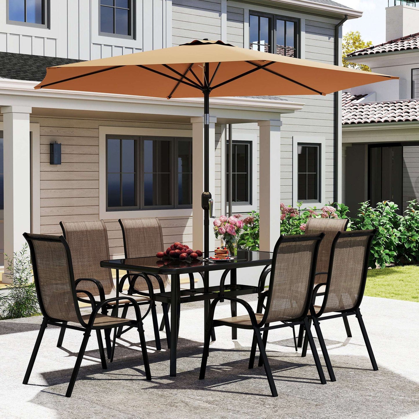 8 Pieces Furniture Set with 9Ft Patio Umbrella Dining Table and Chairs