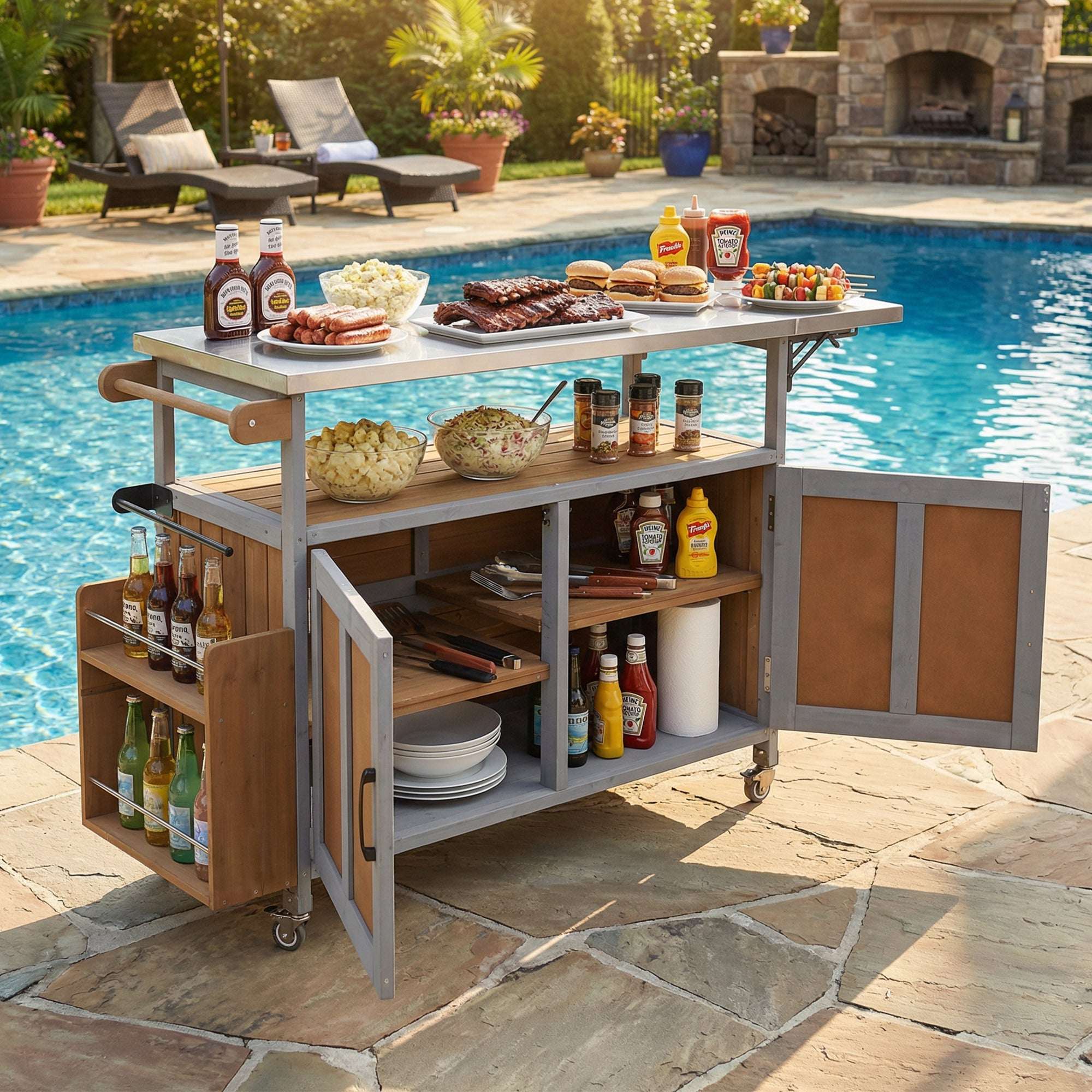 Foldable outdoor kitchen island with stainless steel countertop and lockable wheels for portable patio cooking