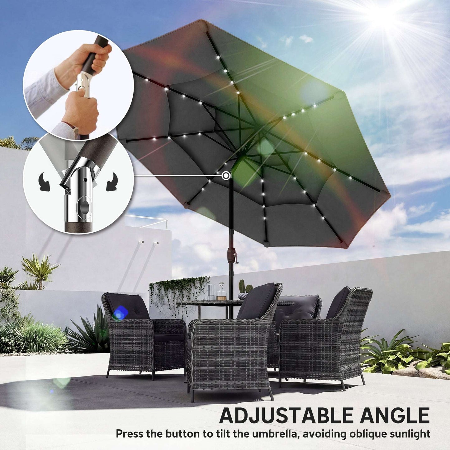 9.7 ft Outdoor Patio Umbrella with Solar LED Lights Tier Outdoor Table
