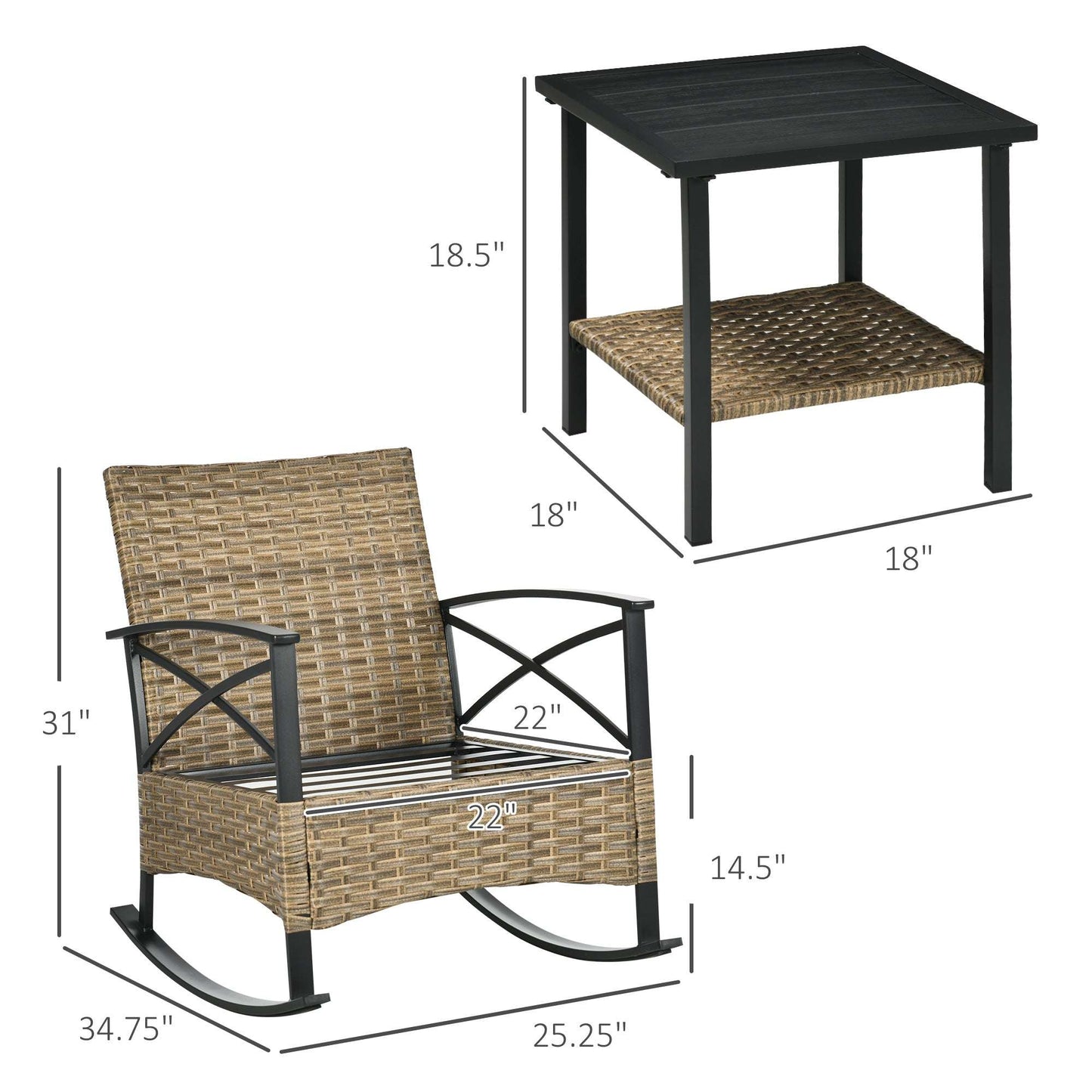 3 Piece Patio Rocking Chair Set, Outdoor Wicker Bistro Set