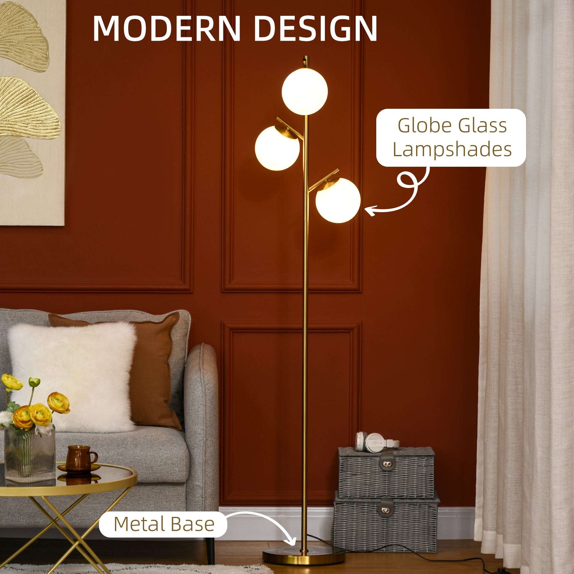 Modern 3-Light Floor Lamp For Living Room, Tree Standing Lamp 