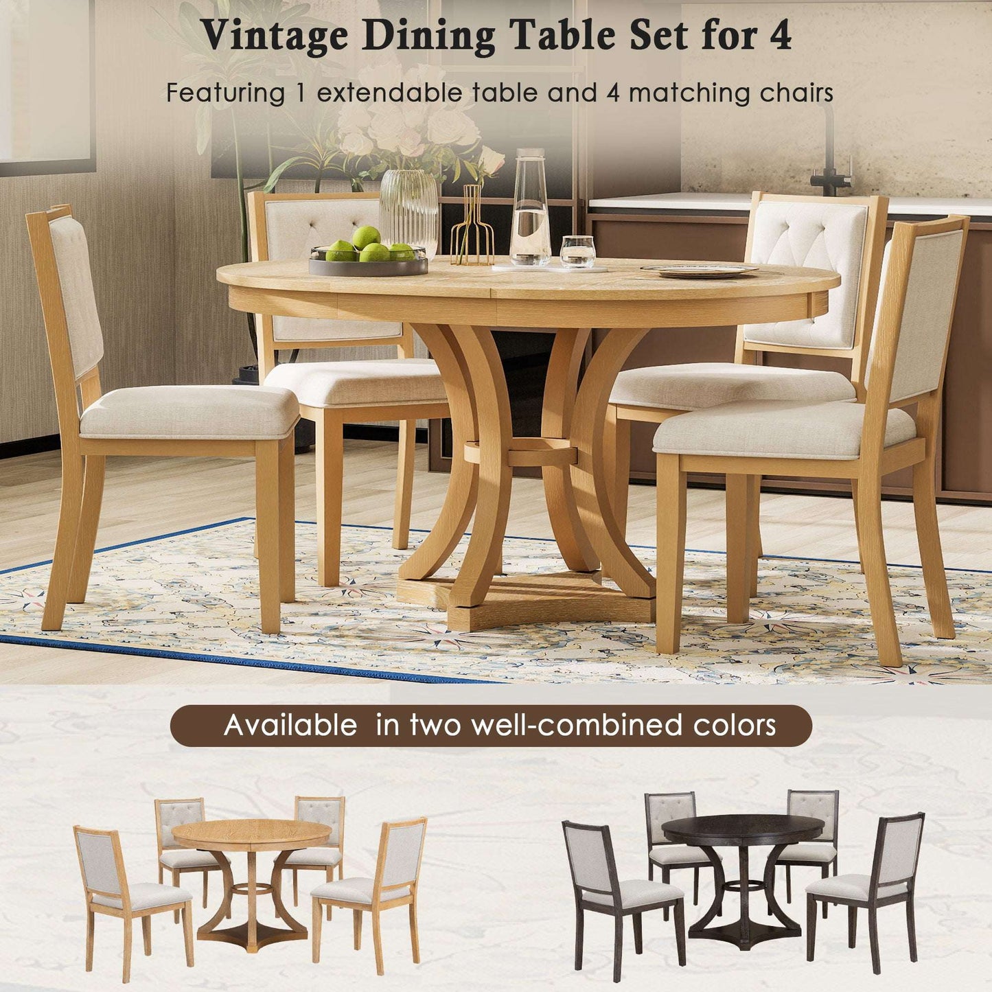 TREXM 5-Piece Retro Functional Dining Table Set Extendable Round Table