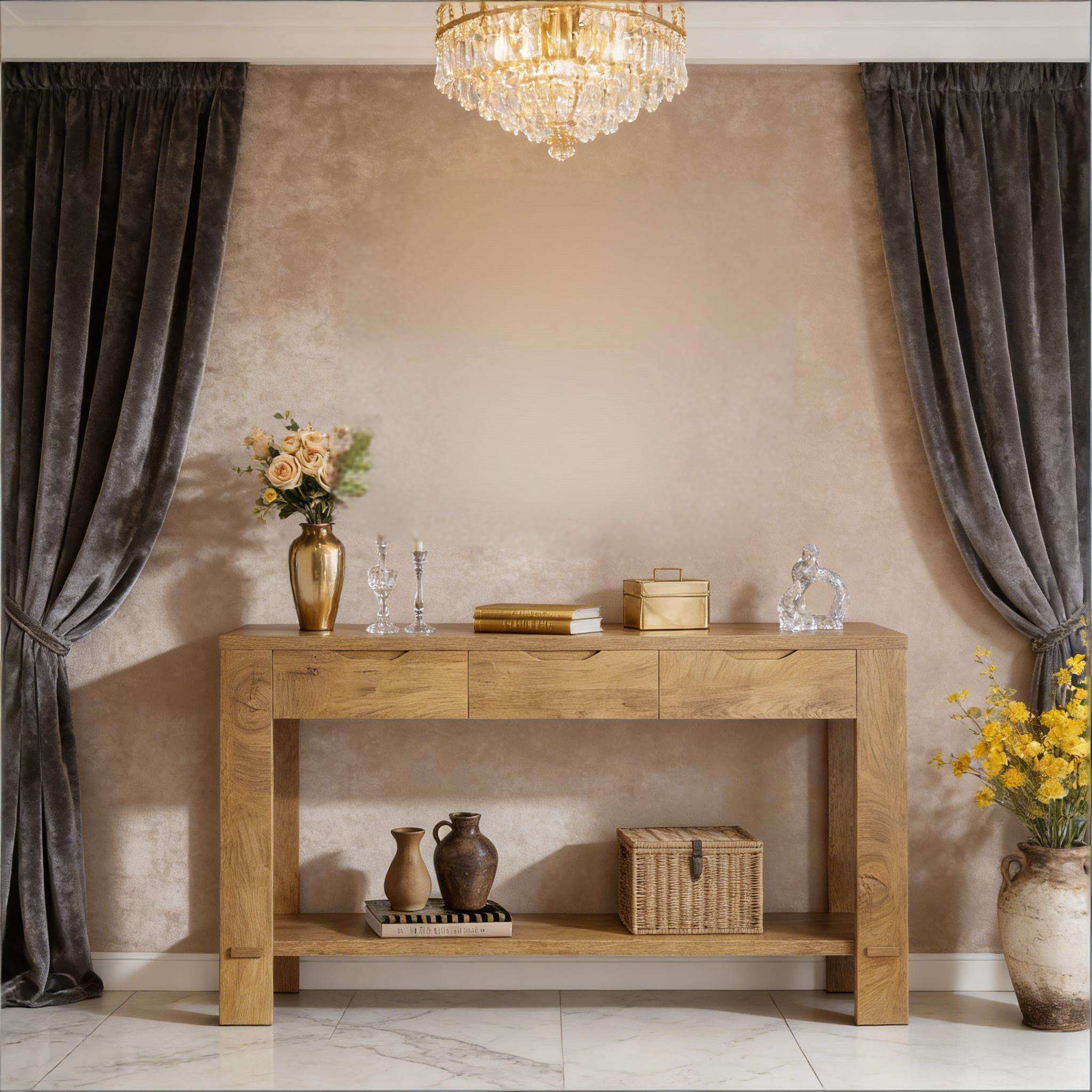 Natural oak console table with three drawers and bottom shelf for entryway or living room organization