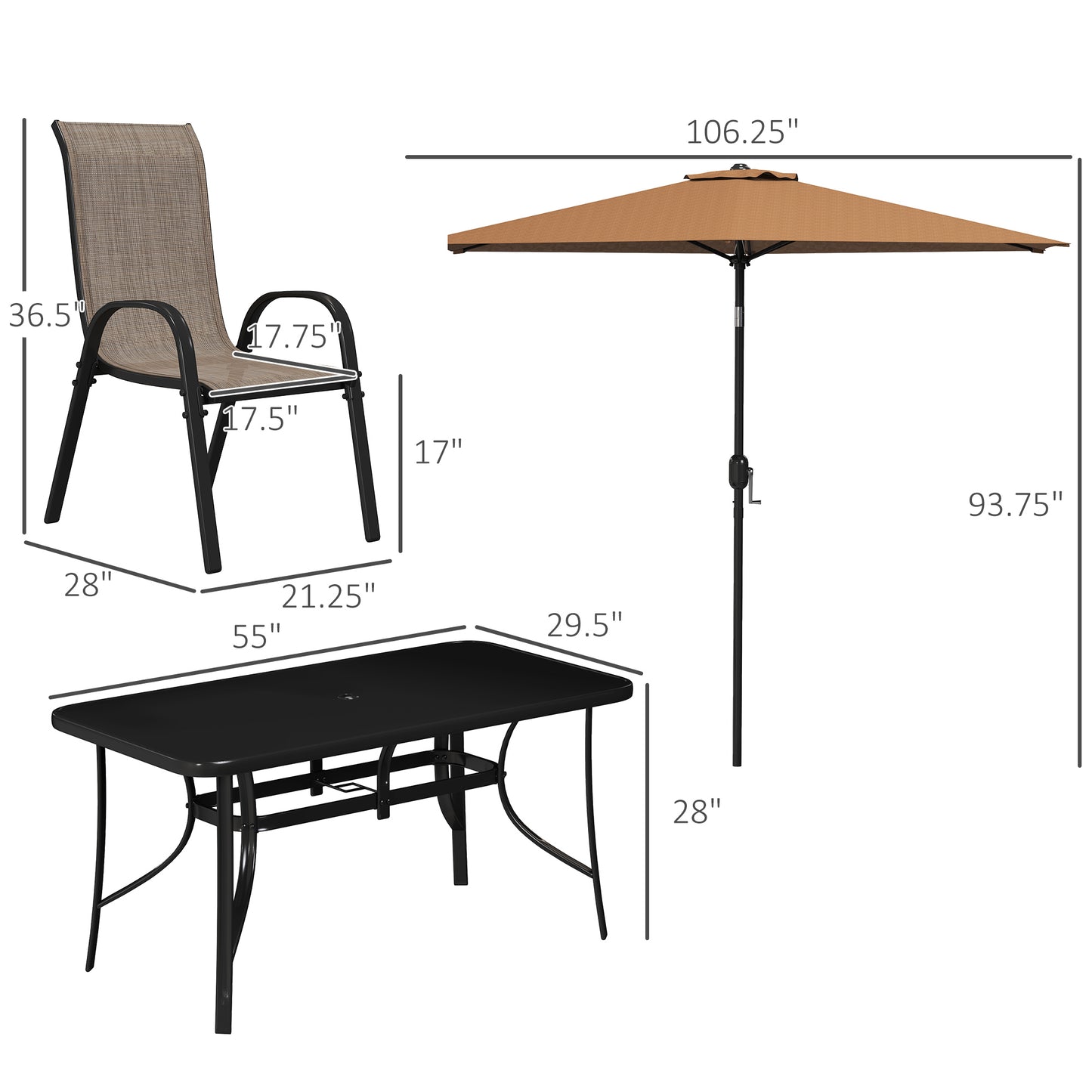 8 Pieces Furniture Set with 9Ft Patio Umbrella Dining Table and Chairs