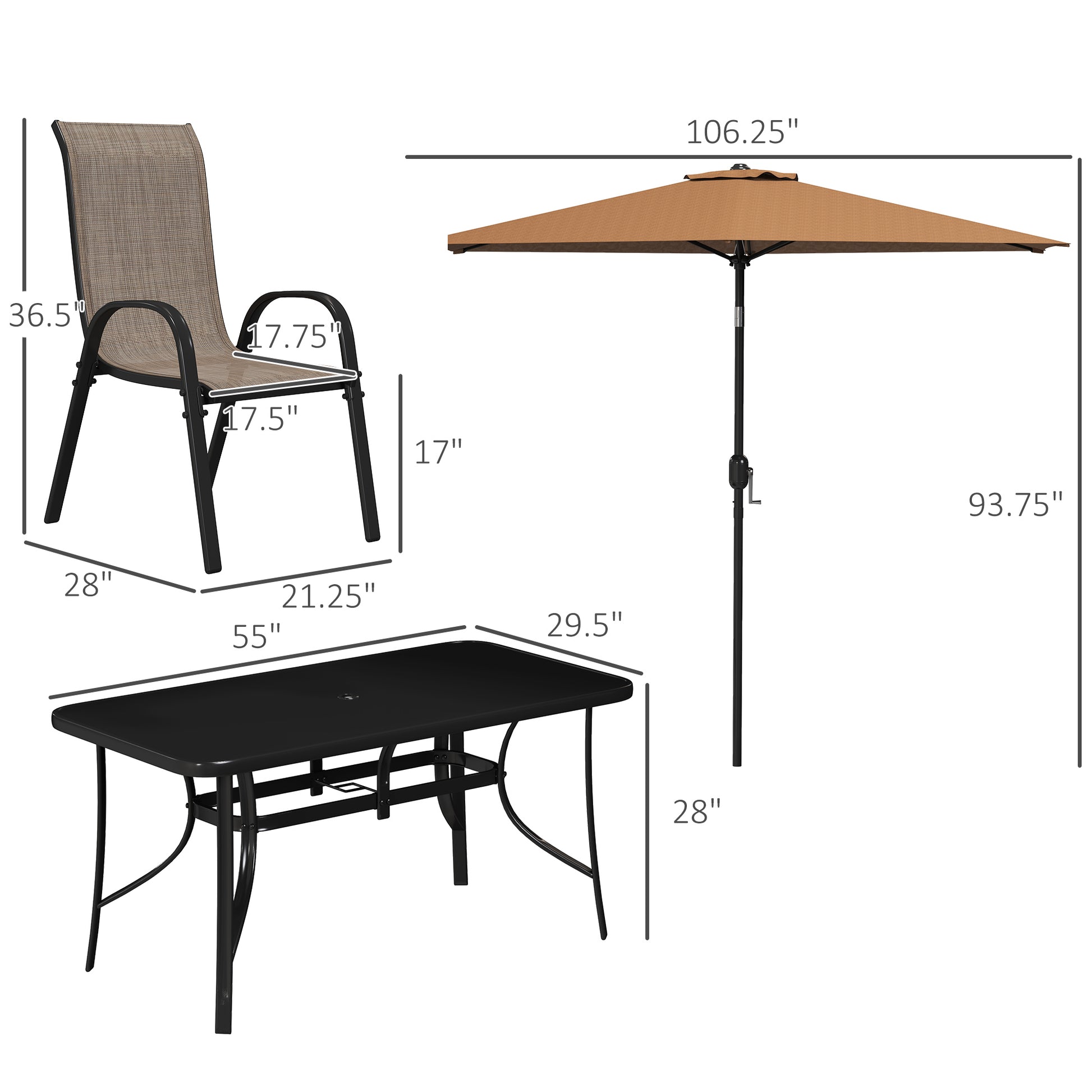 8 Pieces Furniture Set with 9Ft Patio Umbrella Dining Table and Chairs
