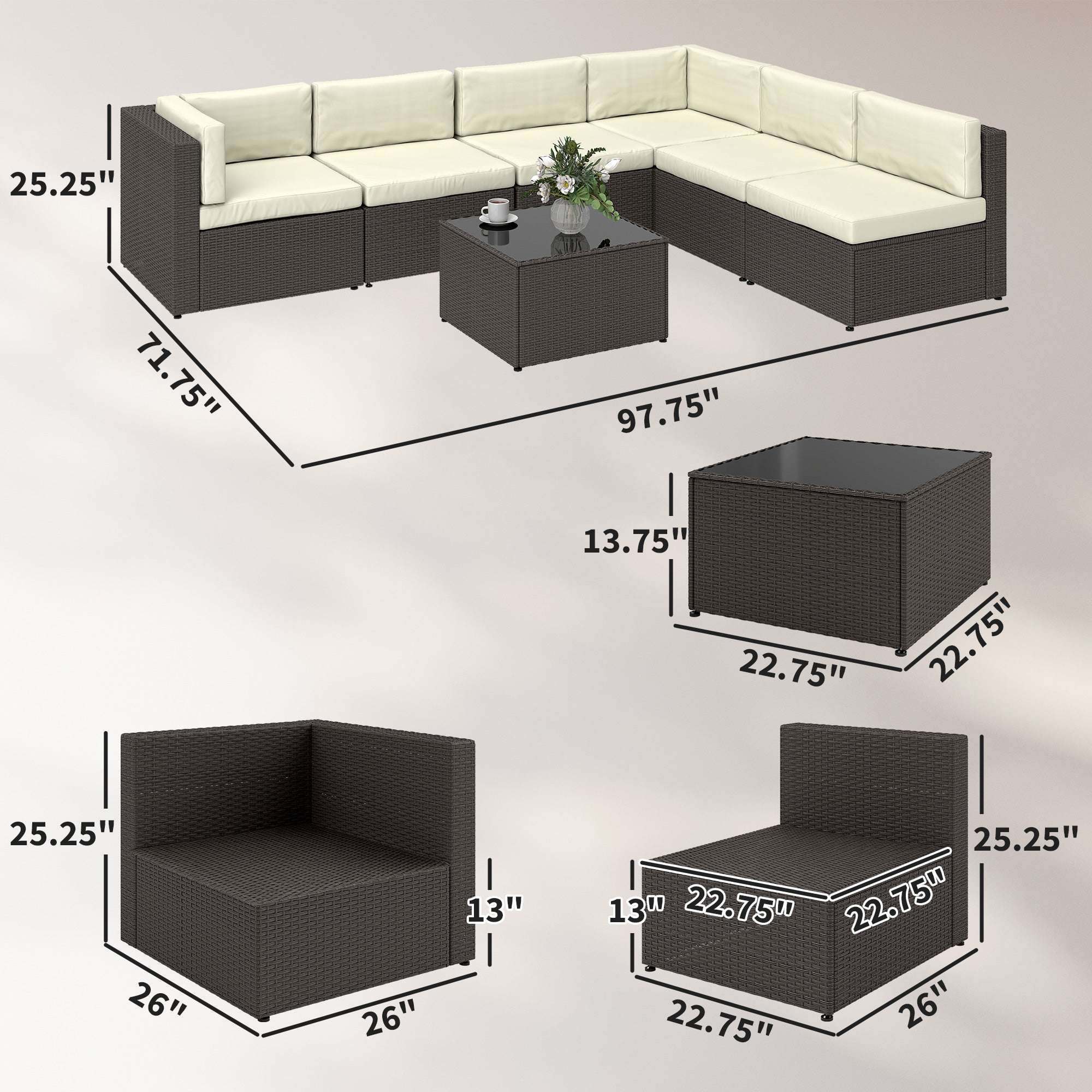 7 Piece Patio Furniture Set with all-weather PE rattan, modular sectional sofa, tempered glass coffee table, and padded cushions for outdoor patios and gardens