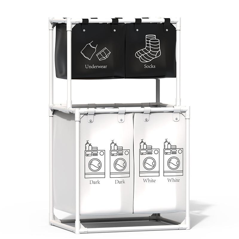 Multifunctional laundry basket with breathable mesh, steel frame, and divided compartments for home storage and organization