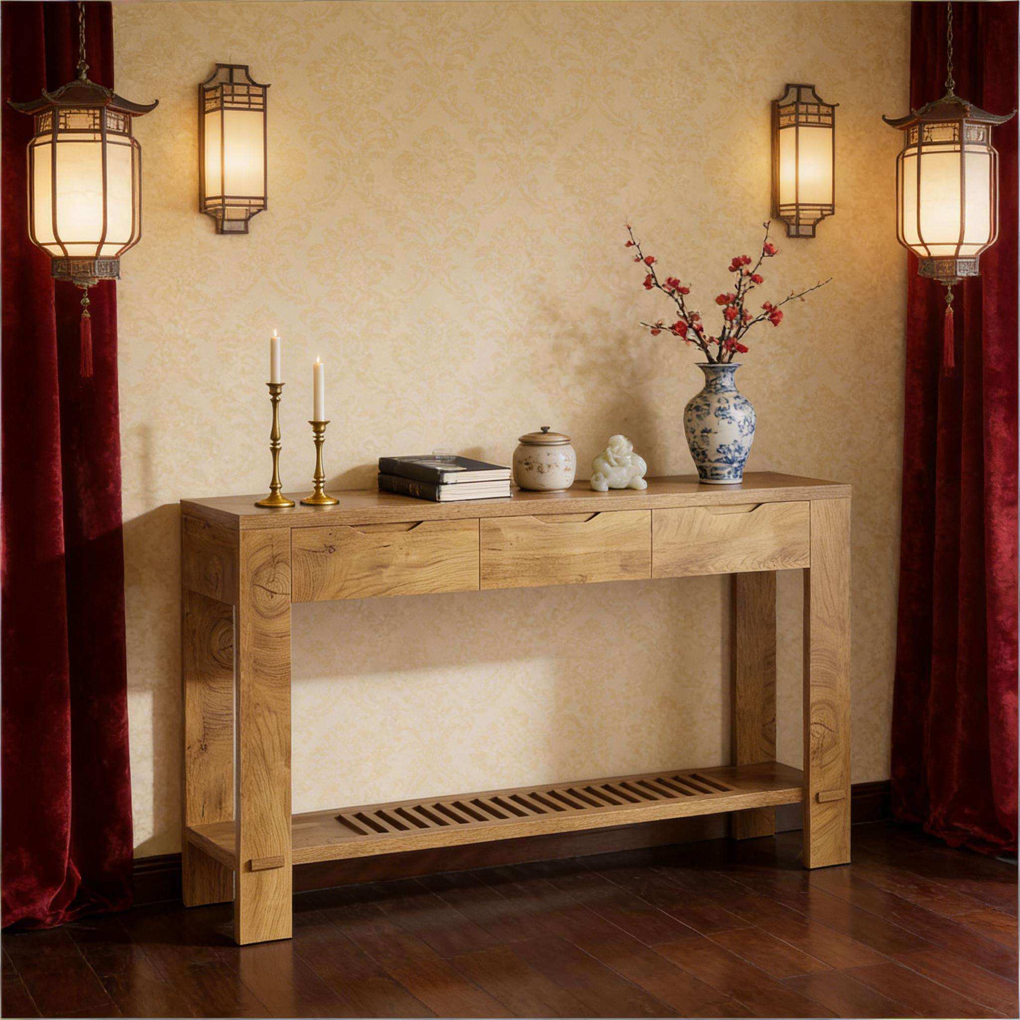 Modern natural oak veneer console table with ample storage and three drawers in a bright living room.