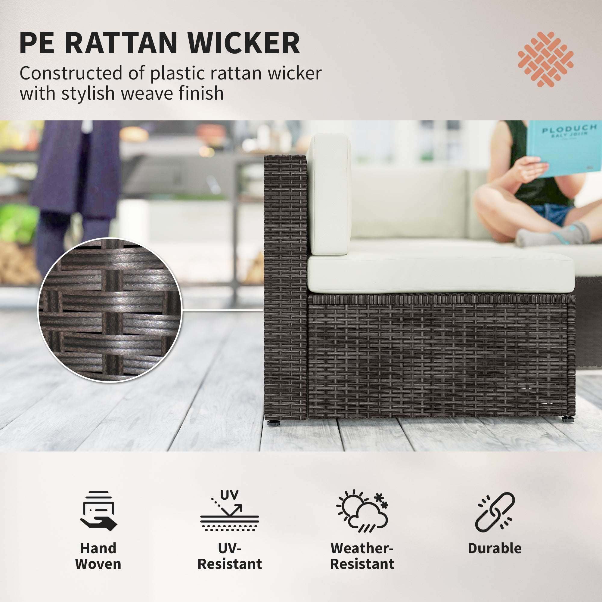 7 piece patio furniture set with all-weather PE rattan and tempered glass coffee table on outdoor deck