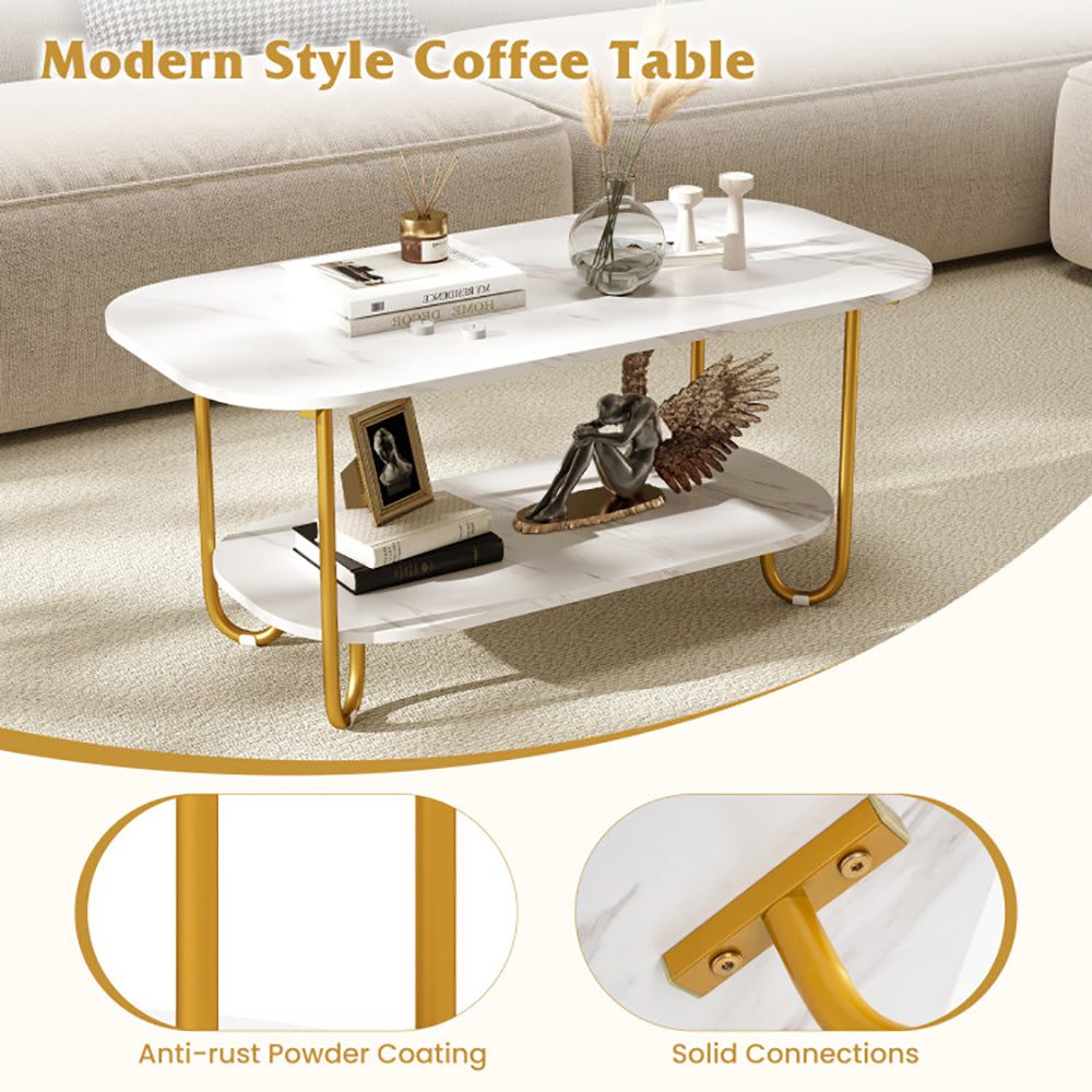 Modern 2-tier faux marble top coffee table with gold metal frame and lower shelf for storage