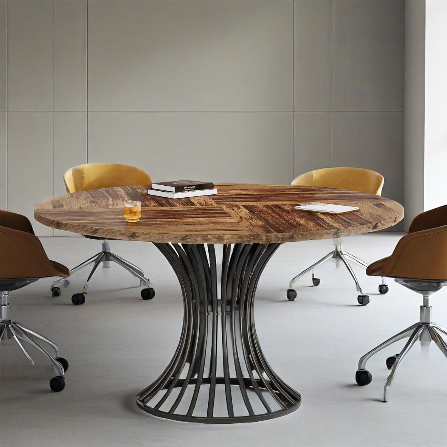 Round dining table with wood grain top and metal base for 4-6 people, multifunctional and durable