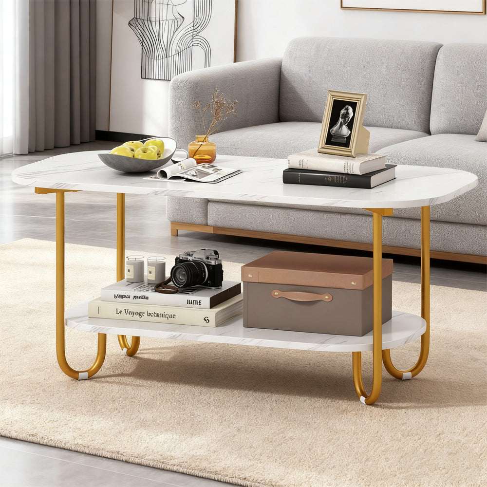 Modern 2-tier faux marble top coffee table with gold metal frame and spacious shelf