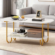 Modern 2-tier faux marble top coffee table with gold metal frame and spacious shelf