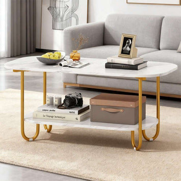 Modern 2-tier faux marble top coffee table with gold metal frame and spacious shelf