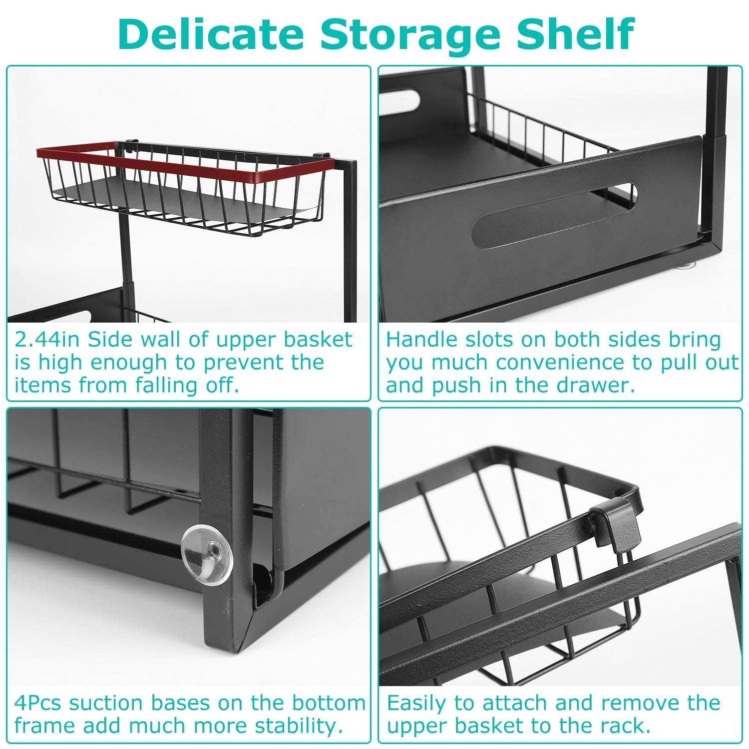 2 Tier Under Sink Organizers pull out baskets under cabinet storage with rust-proof carbon steel frame and PVC pads