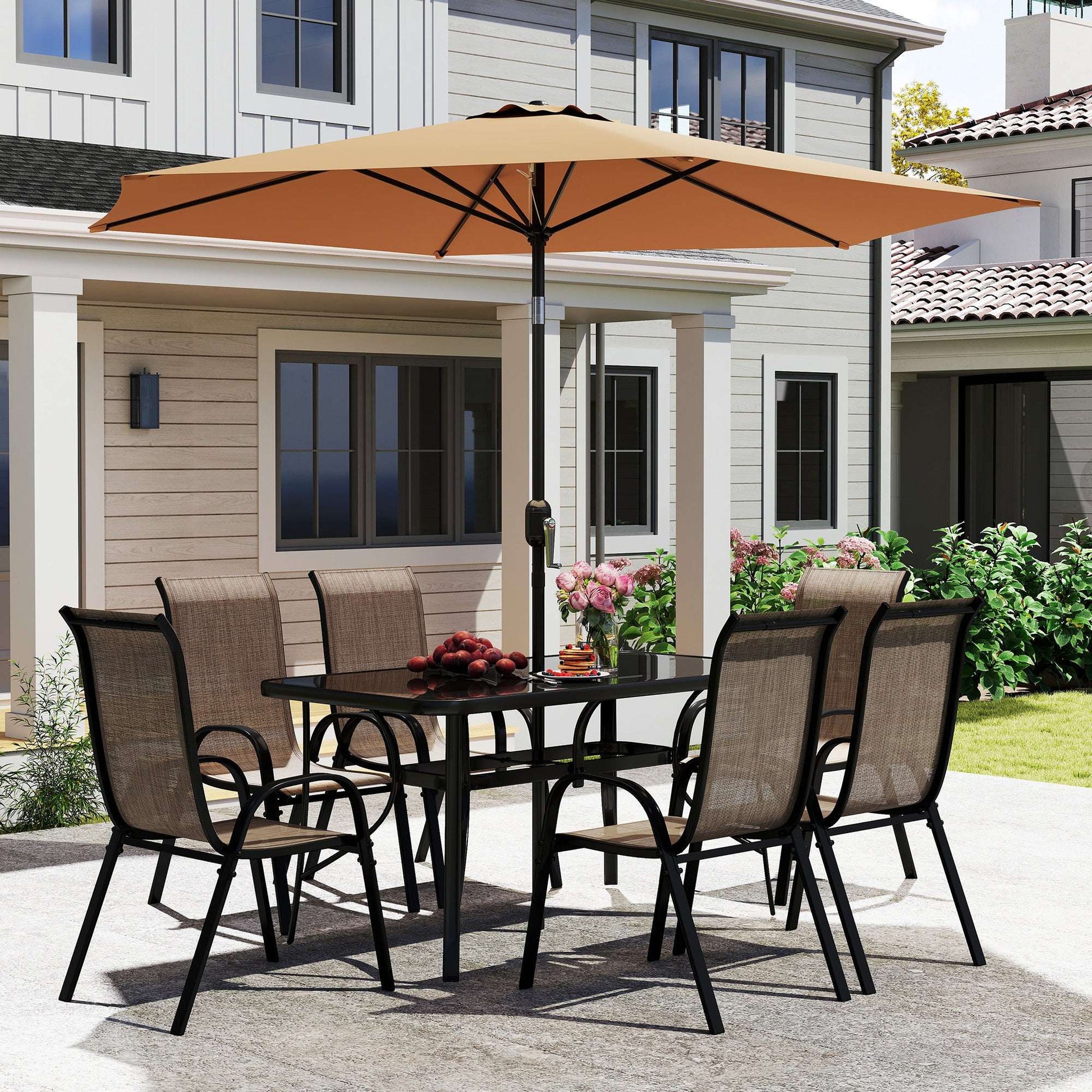 8 Pieces Furniture Set with 9Ft Patio Umbrella Dining Table and Chairs