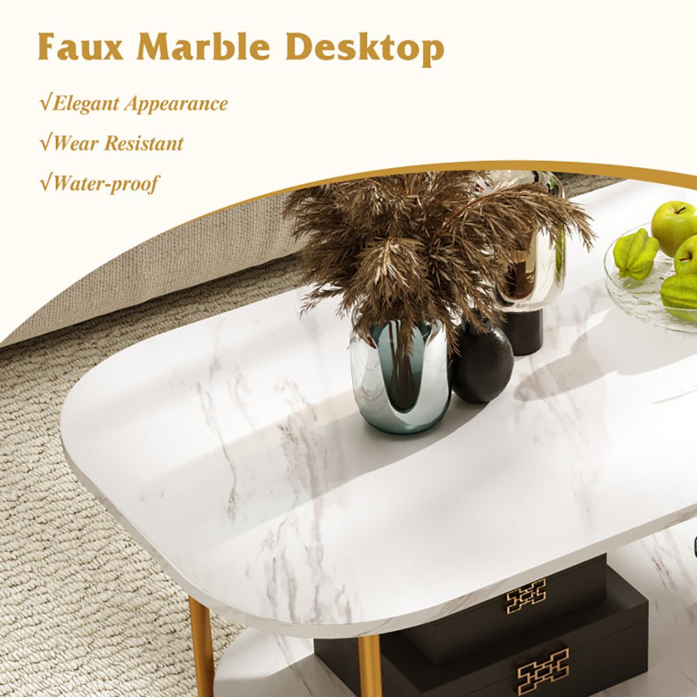 Modern 2-tier faux marble top coffee table with gold metal frame and lower shelf for storage