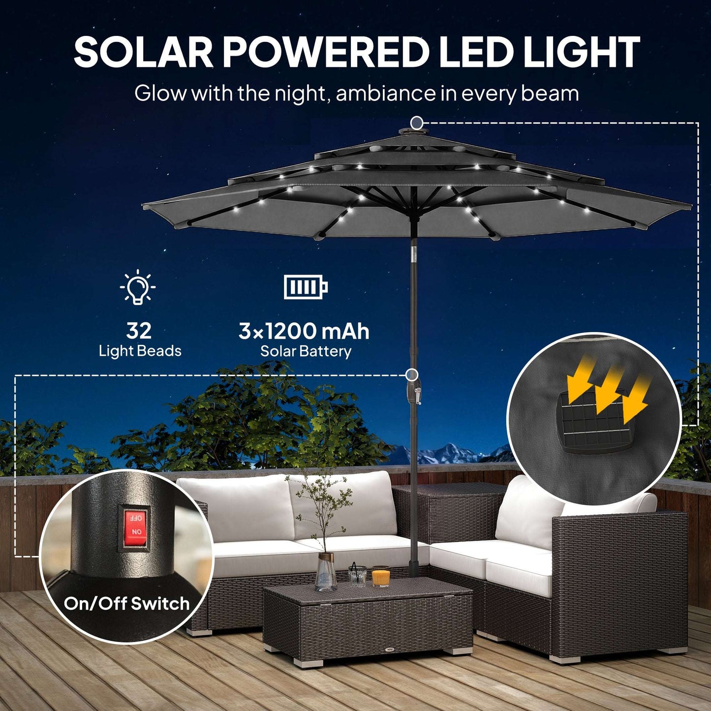 9.7 ft Outdoor Patio Umbrella with Solar LED Lights Tier Outdoor Table