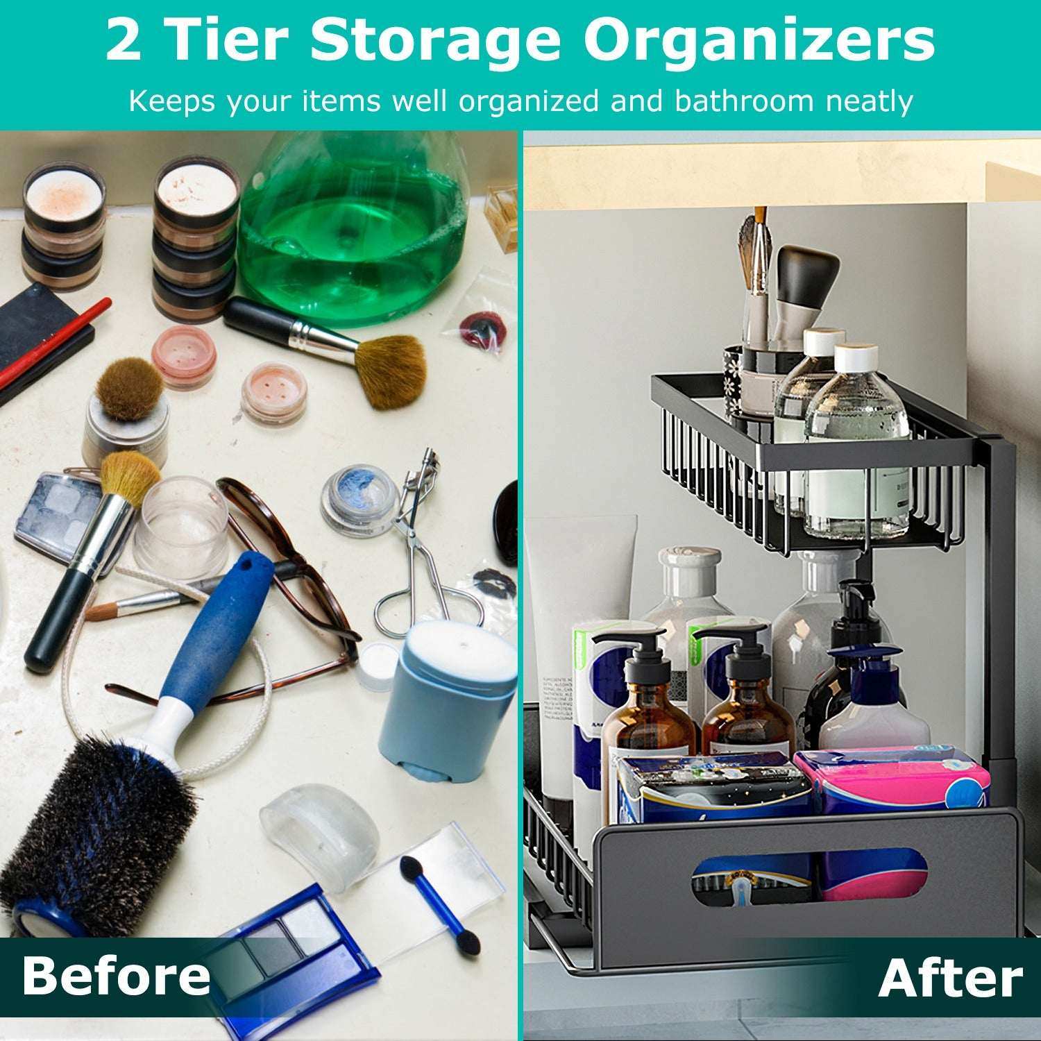 2 tier under sink organizers pull out under cabinet basket storage with sliding bottom basket and rust-proof carbon steel frame