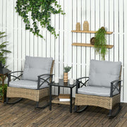 3 Piece Patio Rocking Chair Set with two wicker rocking chairs and a two-tier coffee table in light gray cushions and khaki PE rattan frame