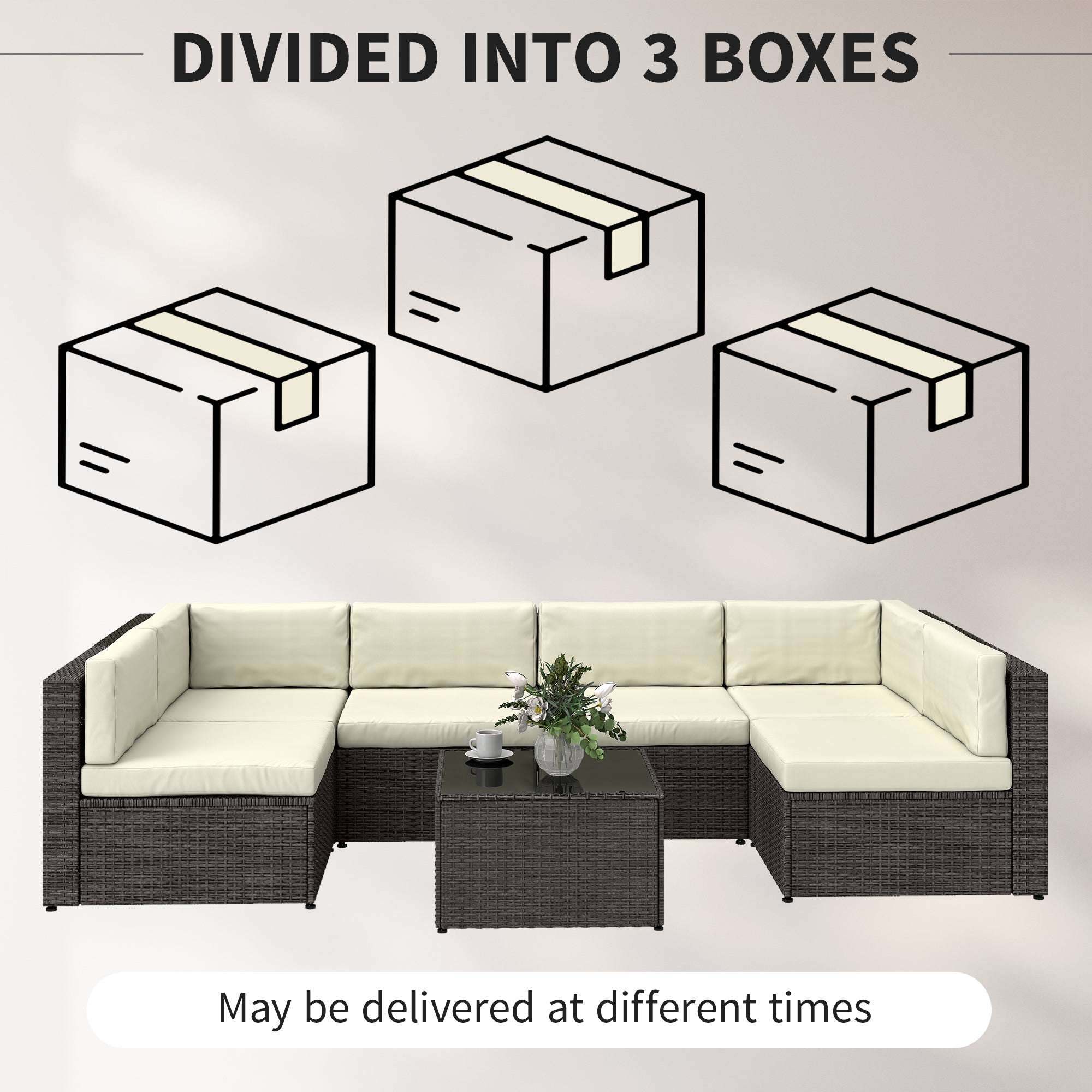 7 Piece Patio Furniture Set with modular all-weather PE rattan sectional and tempered glass coffee table on patio