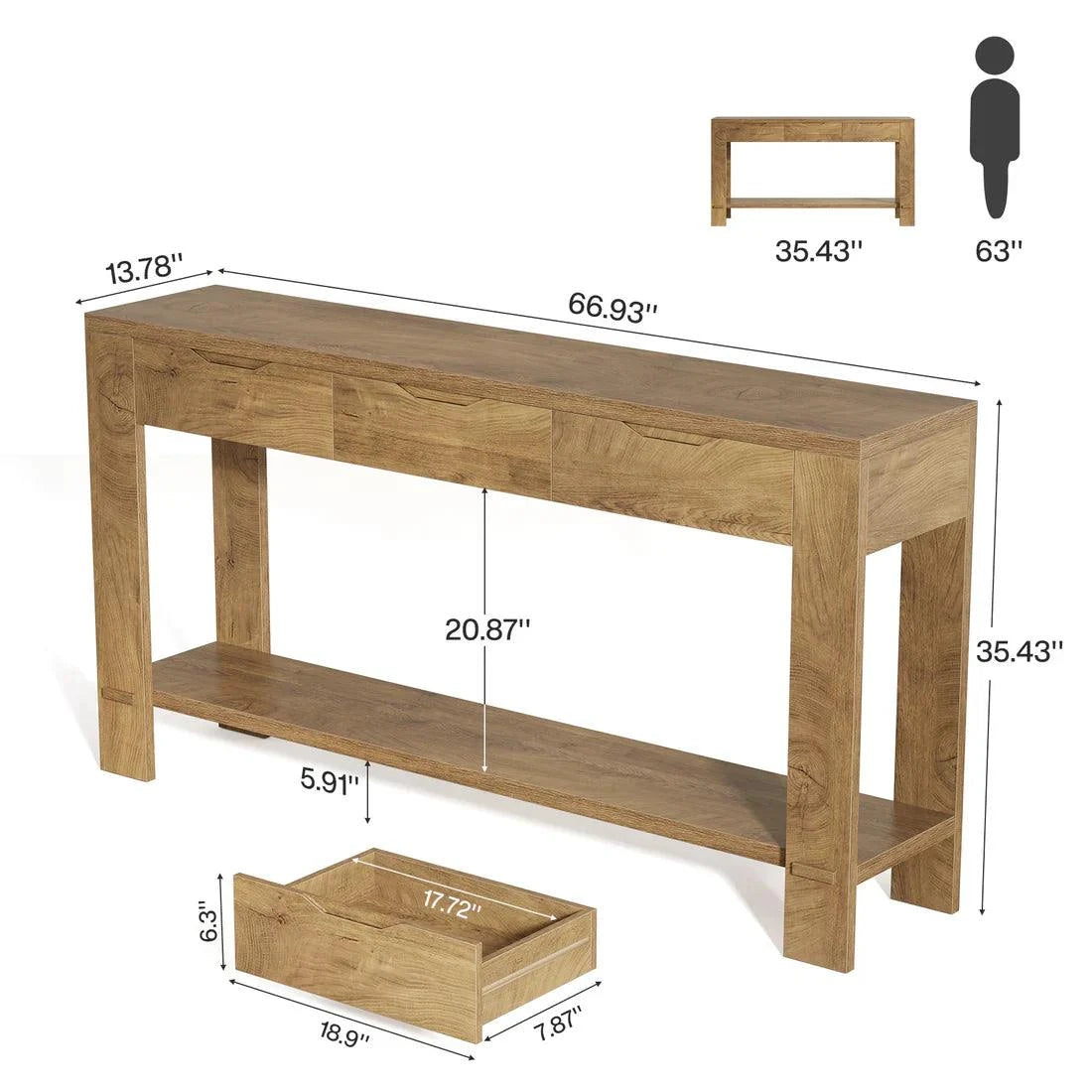 Natural oak veneer console table with storage drawers and open bottom shelf in modern entryway setting