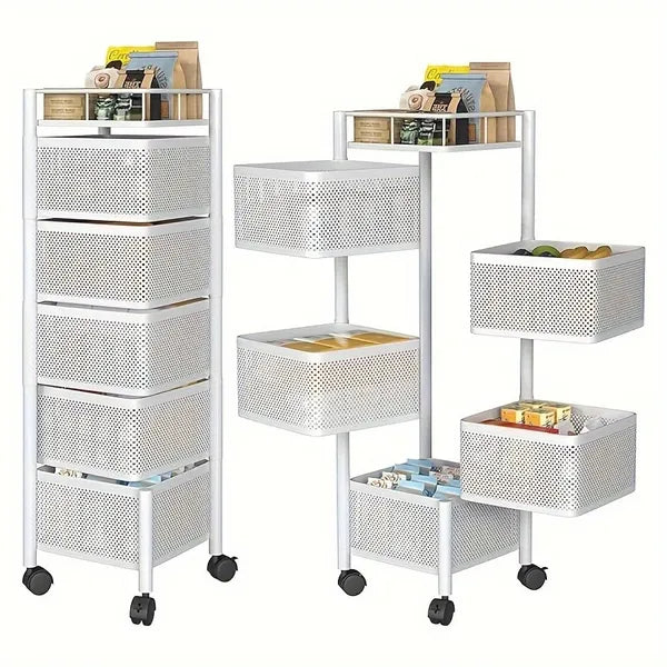 Rotating Kitchen Storage Shelf 5 Tier metal rack with fruits and vegetables for kitchen organization