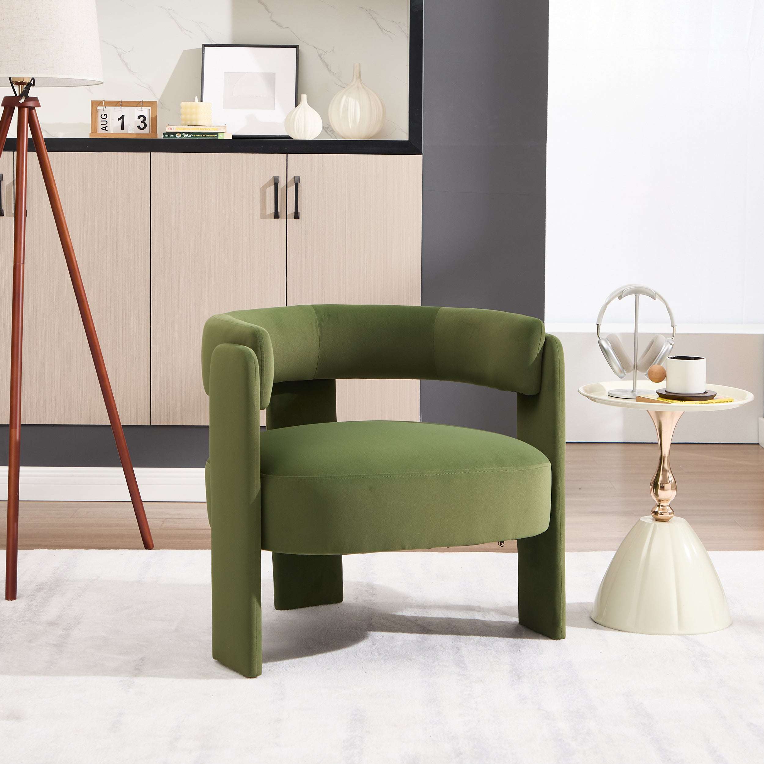 Green velvet accent chair for living room with wooden legs and plush cushion