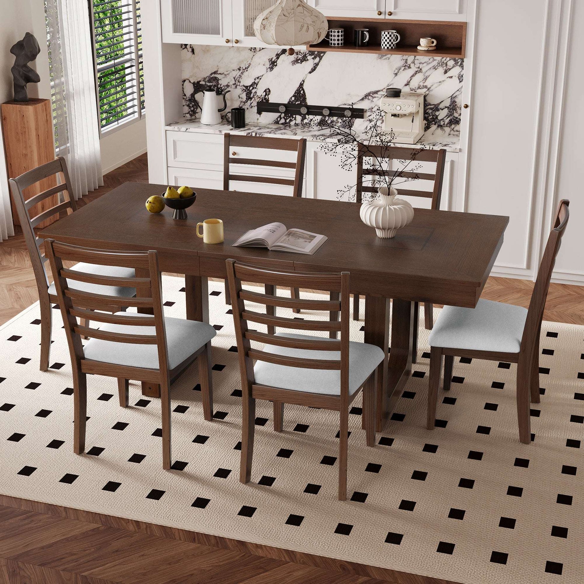 7-Piece Extendable Dining Table Set, Farmhouse Extendable Table