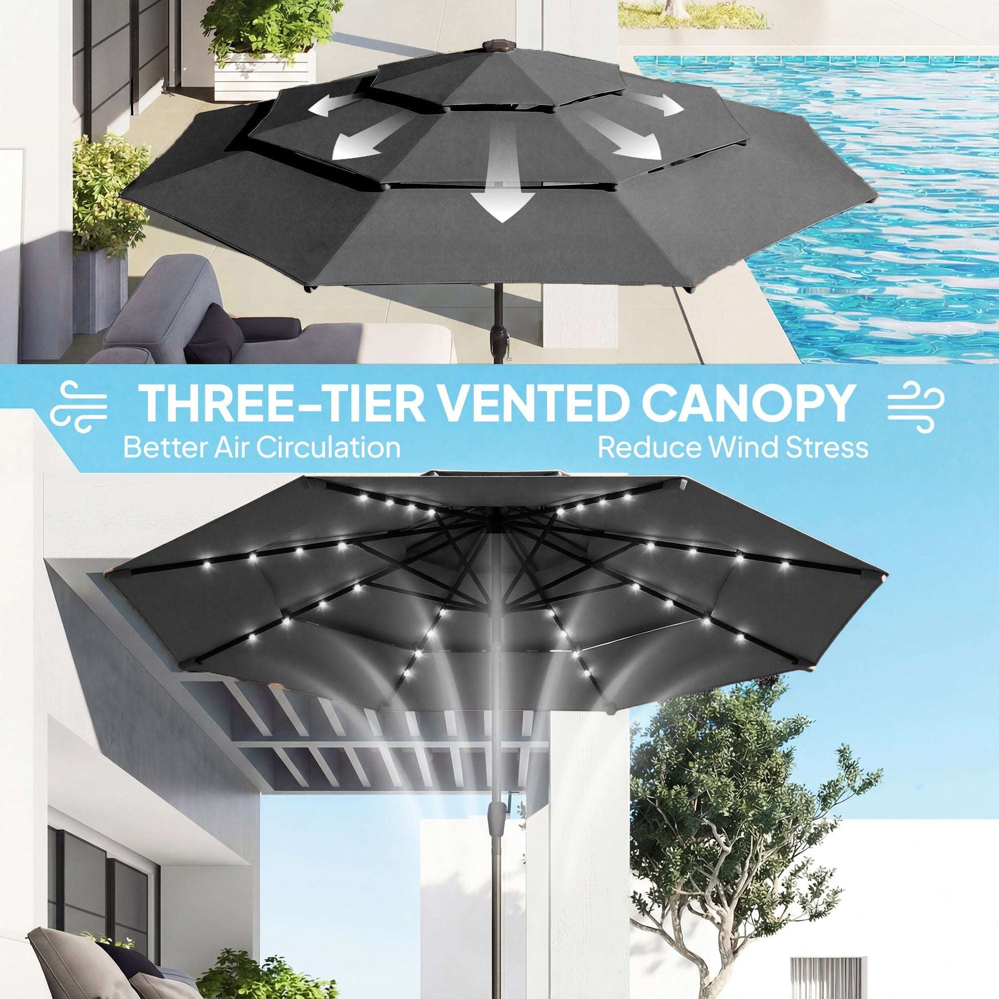 9.7 ft Outdoor Patio Umbrella with Solar LED Lights Tier Outdoor Table
