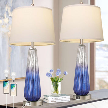 Table Lamps Set of 2 modern glass with touch control and USB ports in navy blue