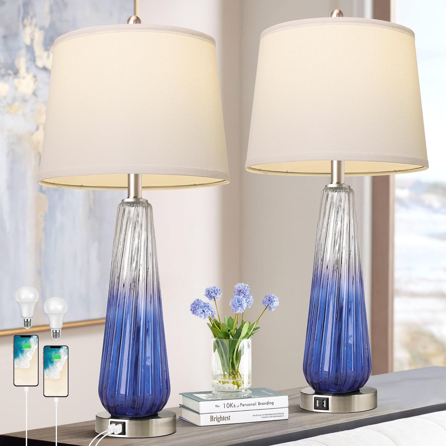 Table Lamps Set Of 2 With Touch Control, 3-Way Dimmable Modern Glass