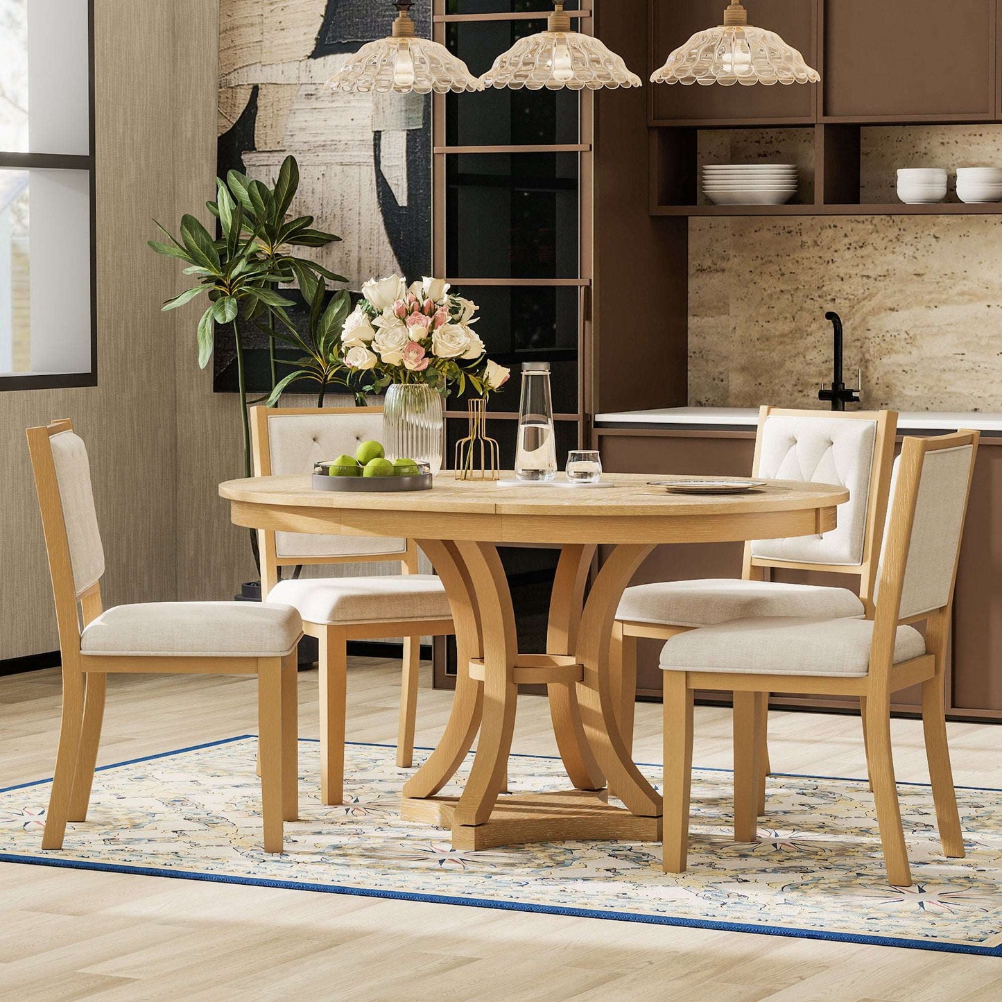 TREXM 5-Piece Retro Functional Dining Table Set Extendable Round Table