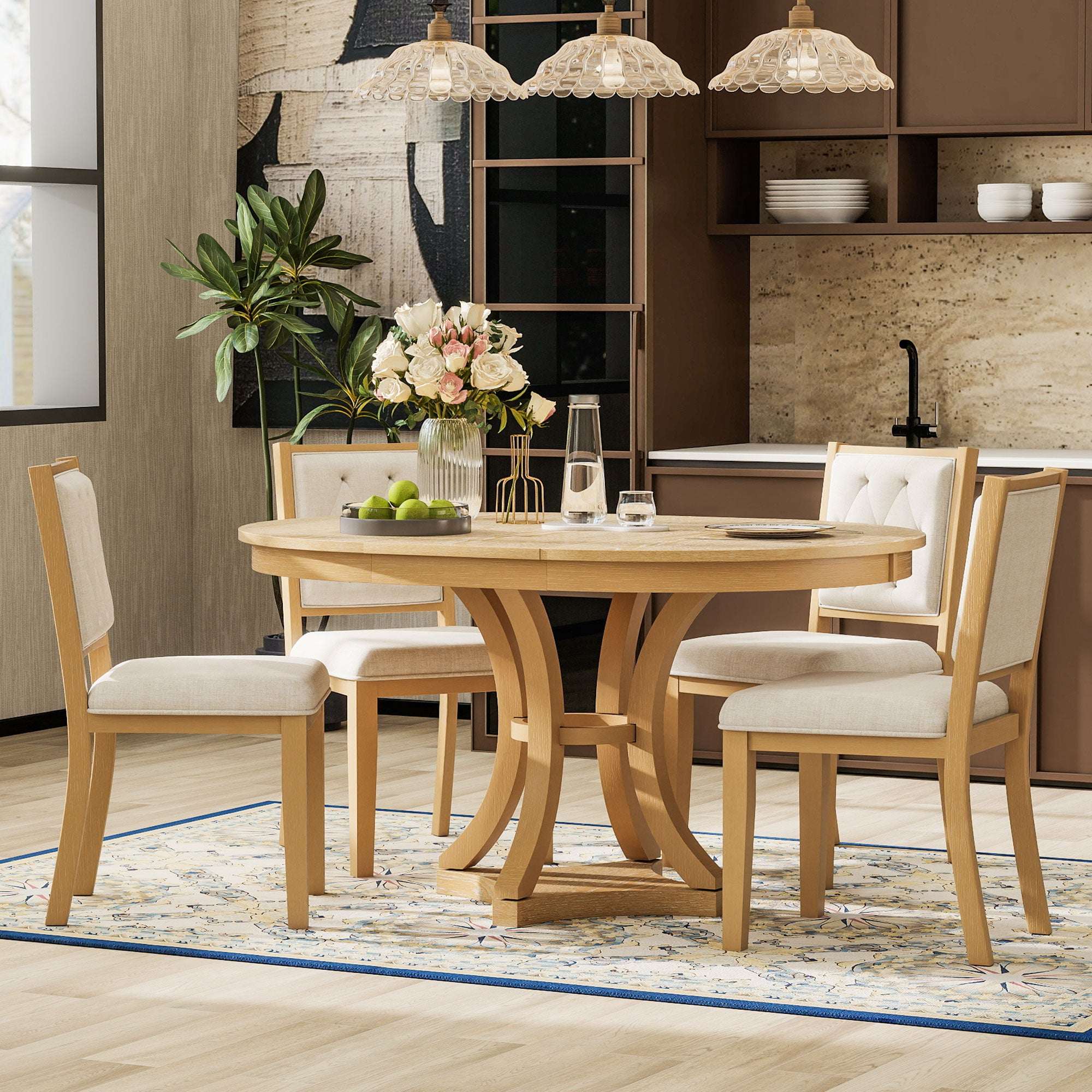 TREXM 5-Piece Retro Functional Dining Table Set Extendable Round Table