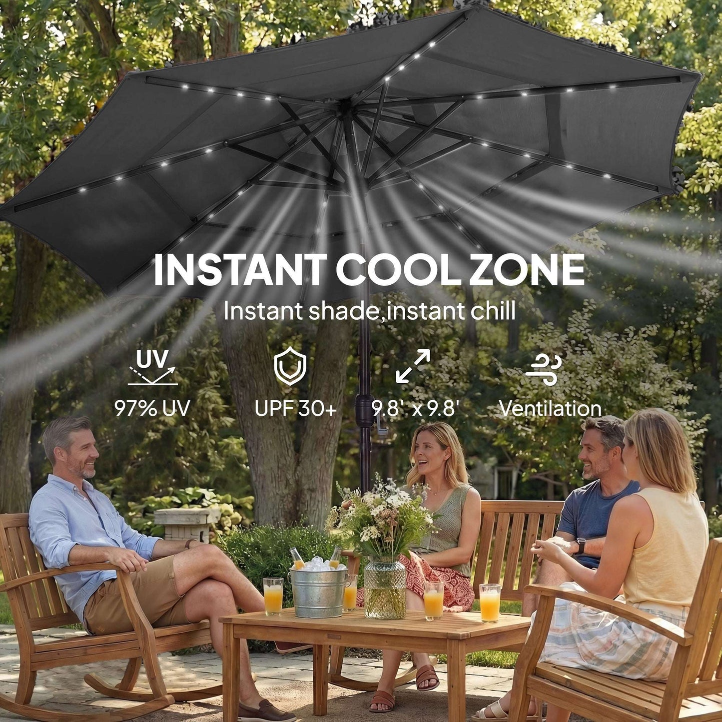 9.7 ft Outdoor Patio Umbrella with Solar LED Lights Tier Outdoor Table