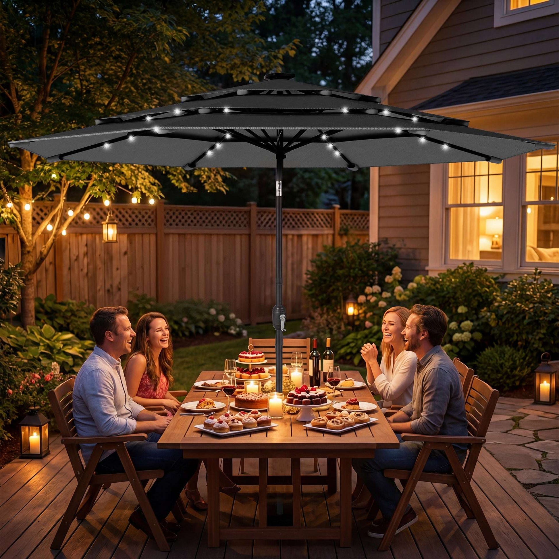 9.7 ft Outdoor Patio Umbrella with Solar LED Lights Tier Outdoor Table