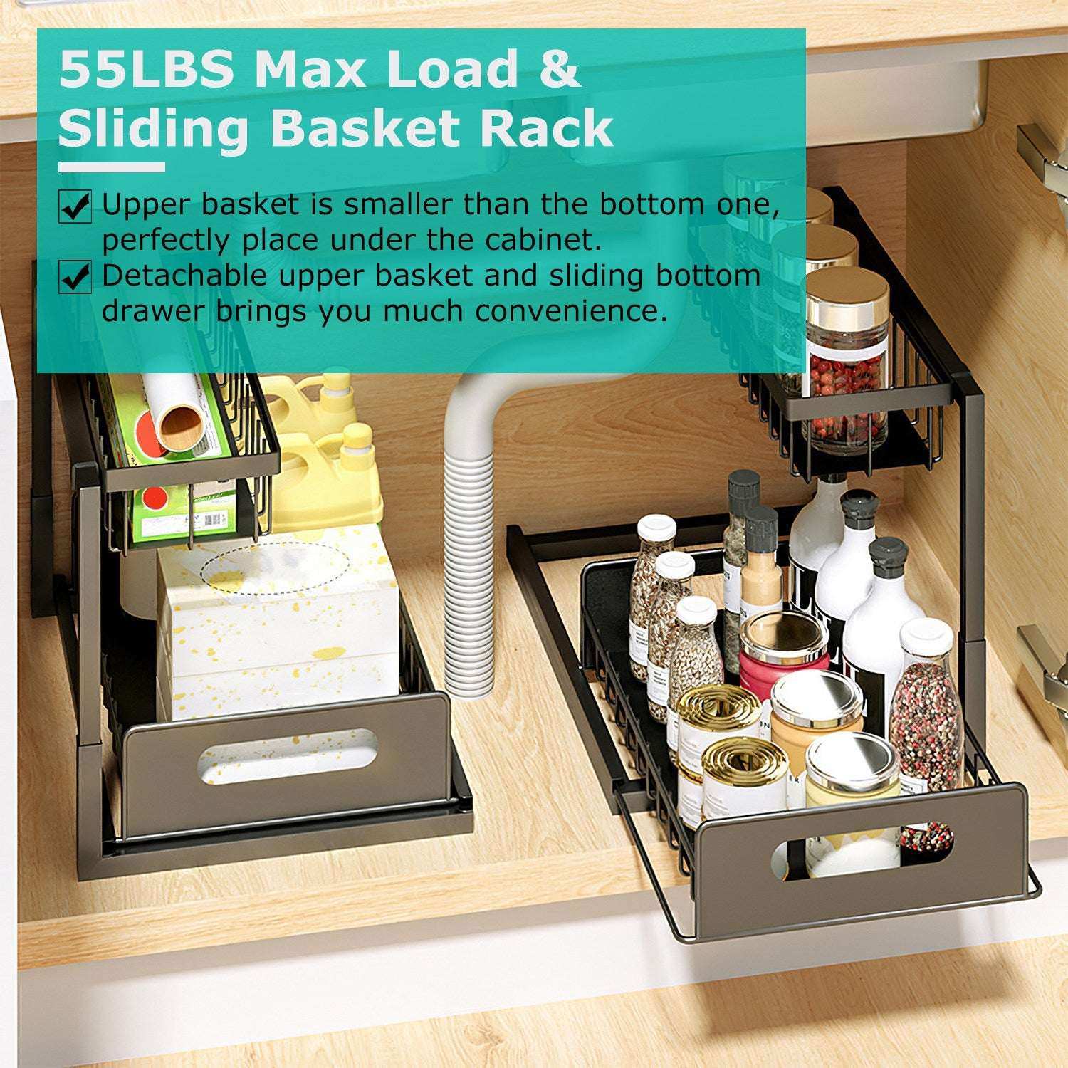2 Tier Under Sink Organizers pull out cabinet basket storage with sliding lower basket and rust-proof carbon steel frame