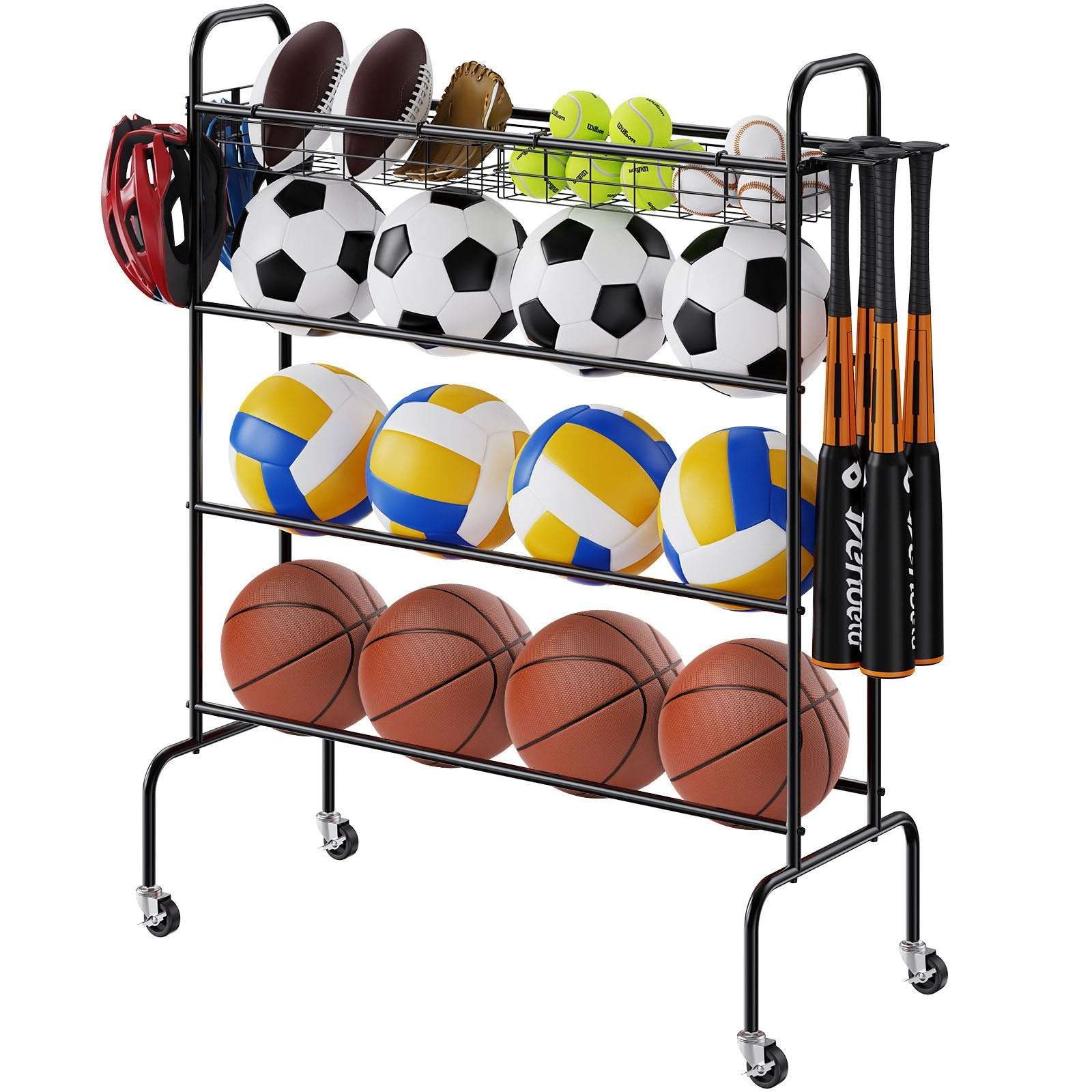 4-layer rolling basketball rack with wheels, hooks, and baskets for sports ball storage and training equipment organization