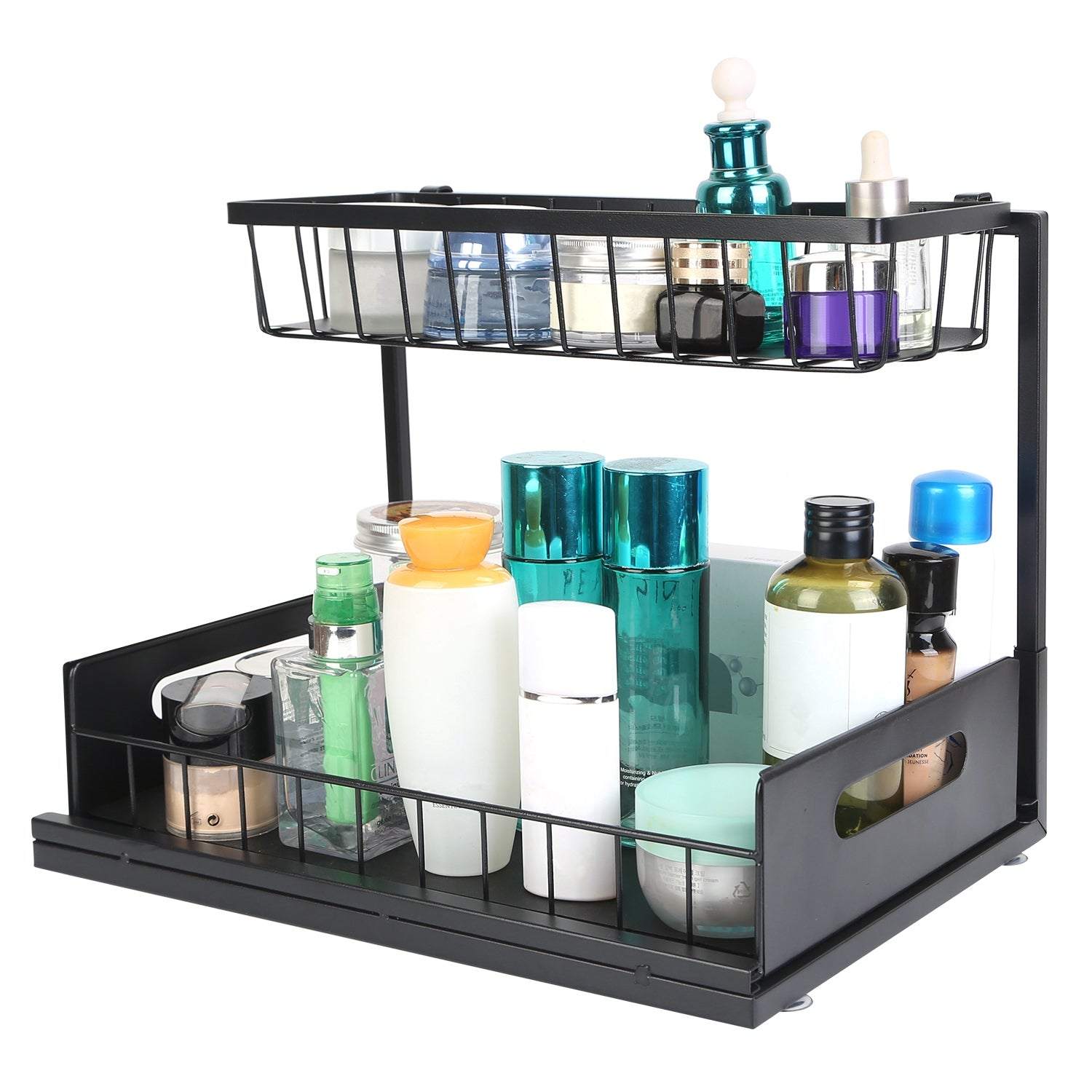 2 Tier Under Sink Organizers pull-out baskets in black carbon steel with PVC pads for kitchen or bathroom storage