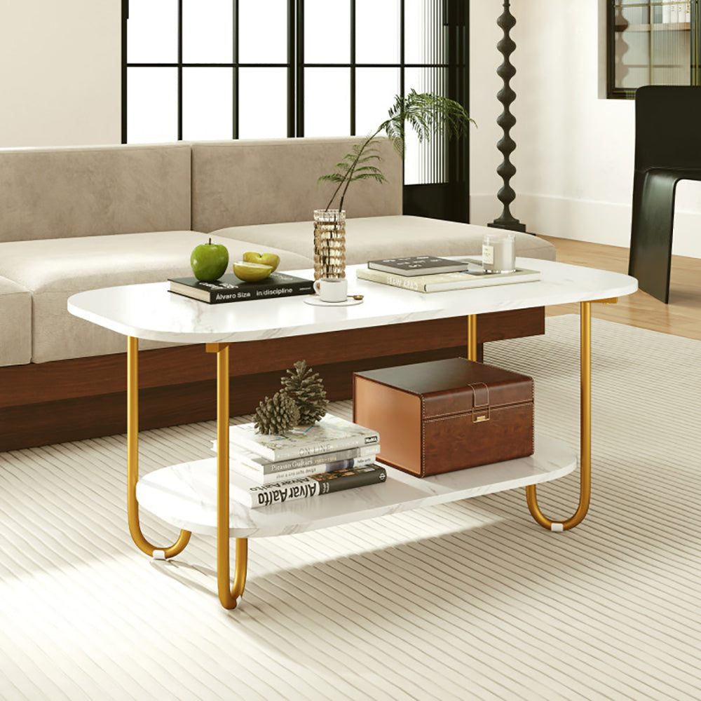 Modern 2-tier faux marble top coffee table with gold metal frame and lower shelf storage in living room setting