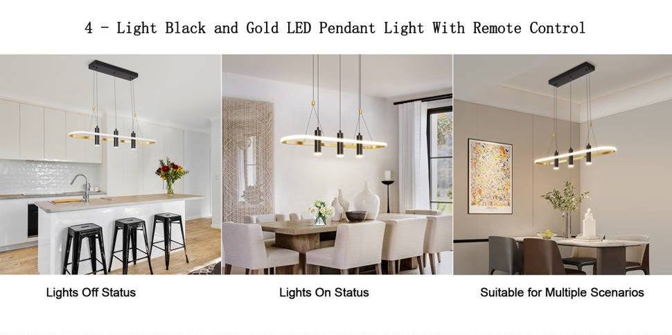 Javeriah 4 Light Black Gold dimmable LED pendant light with geometric design and remote control