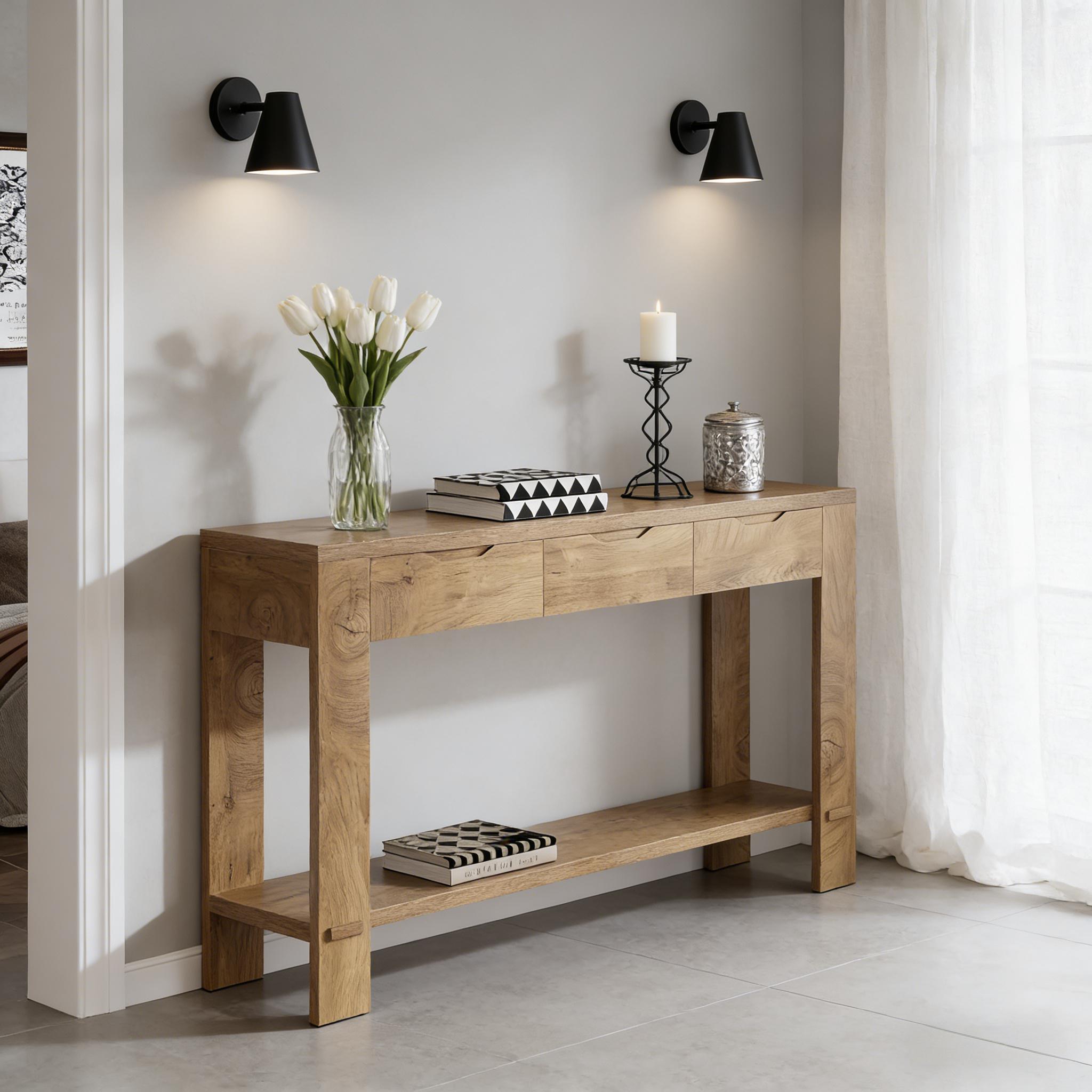 Natural oak console table with drawers and bottom shelf in modern entryway setting