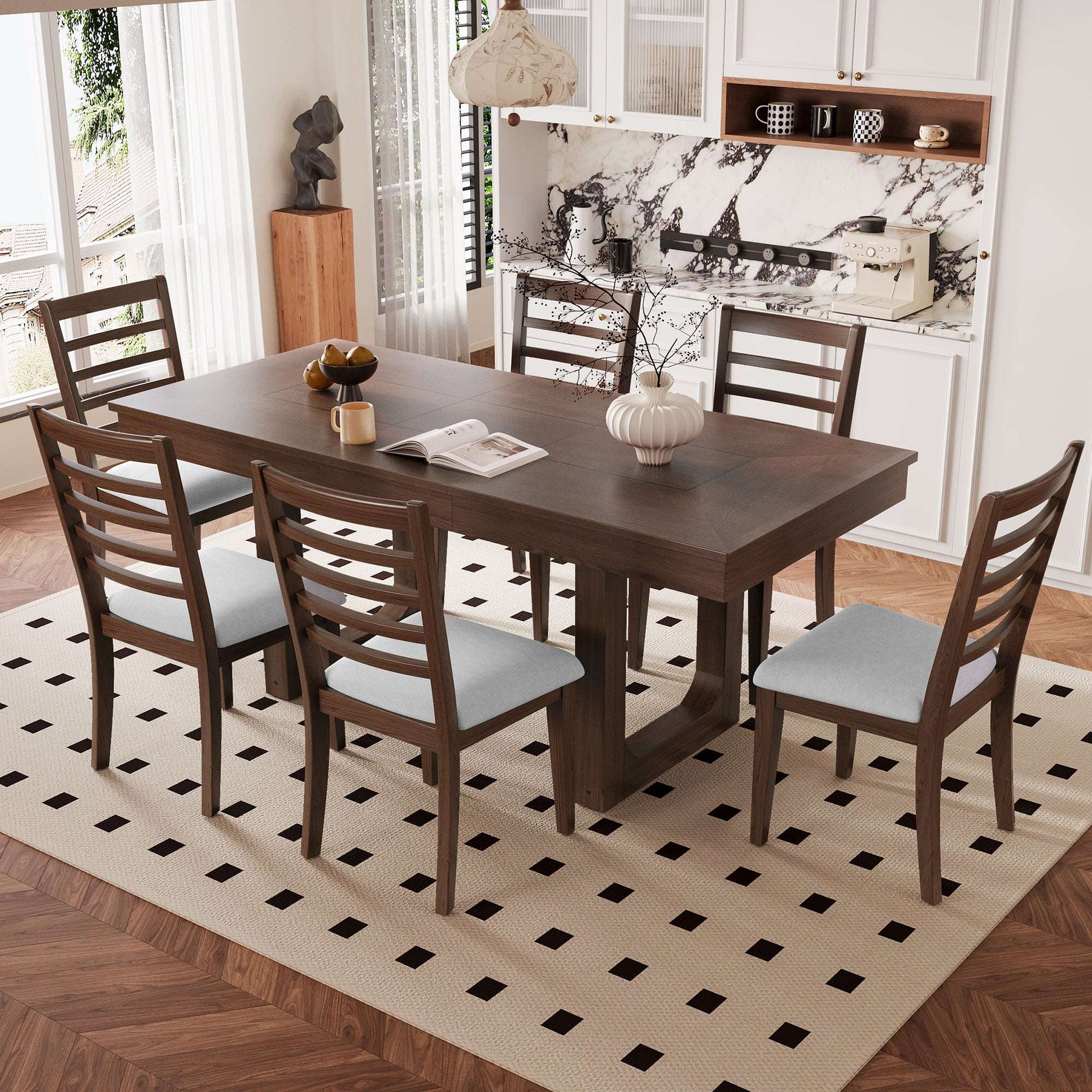 7-Piece Extendable Dining Table Set, Farmhouse Extendable Table