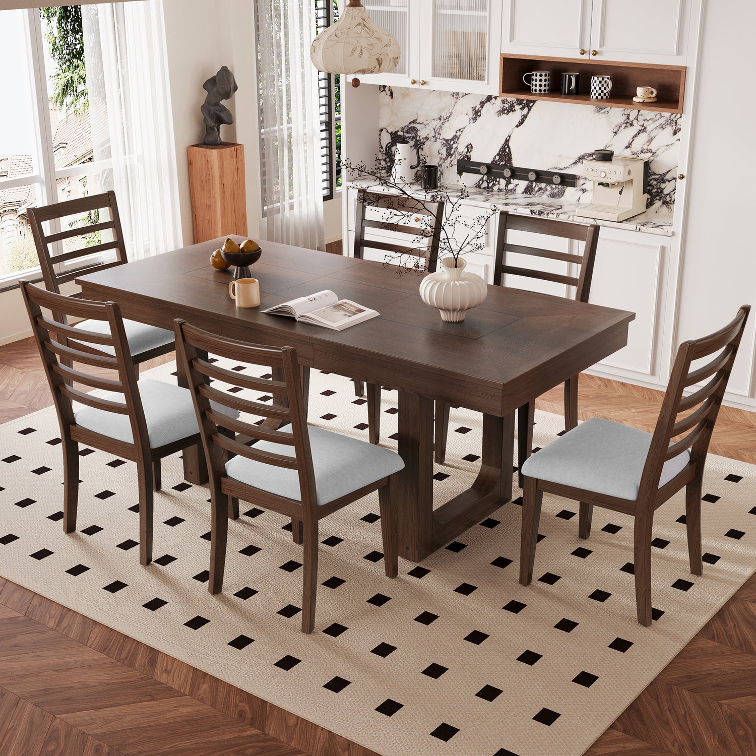 7-Piece Extendable Dining Table Set, Farmhouse Extendable Table