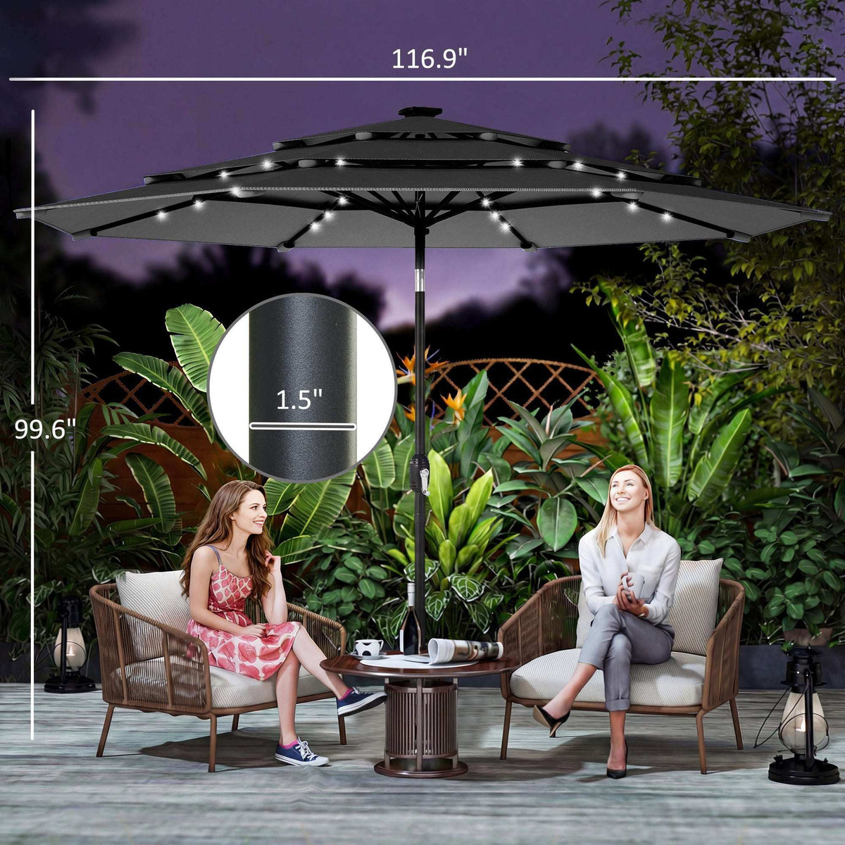 9.7 ft outdoor patio umbrella with solar LED lights and three-tier vented canopy over a patio table