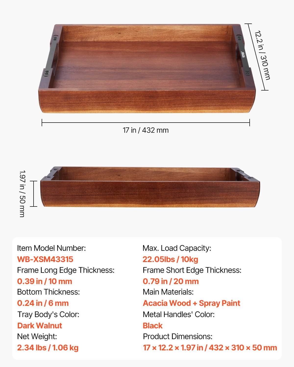 Acacia serving tray with handles made of durable polished acacia wood, 16x12 inch multifunctional serving table