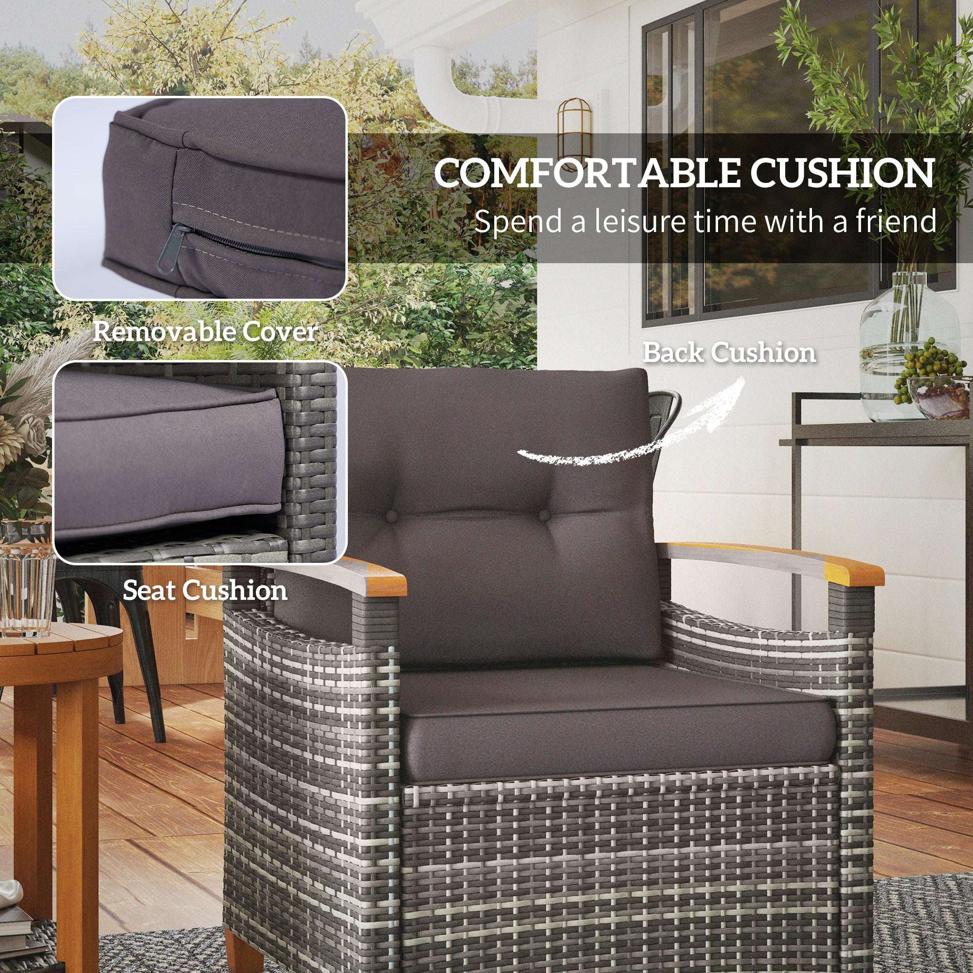 Outdoor bistro set with wicker chairs and cushioned seats and a round glass-top table on a porch