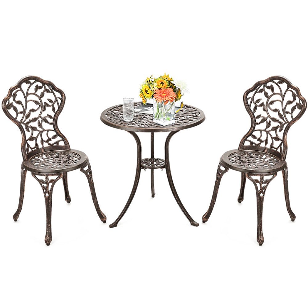 3 piece cast aluminum bistro set with scroll top table and ergonomic chairs for outdoor patio