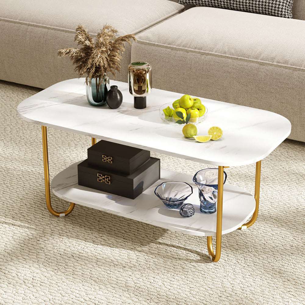 Modern 2-tier faux marble top coffee table with gold metal frame and lower shelf in living room