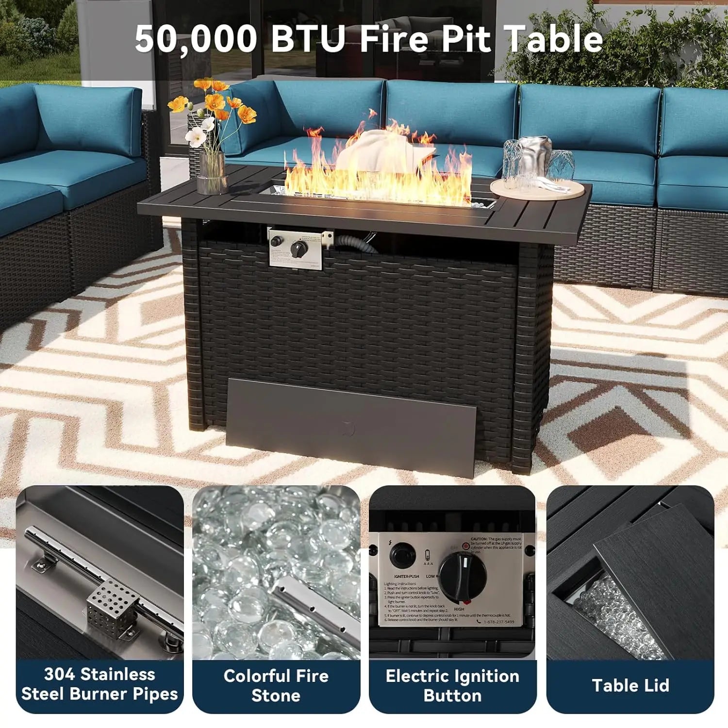 8 Piece Outdoor Patio Furniture Set with 44'' Fire Pit Table